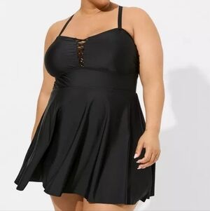 Torrid Wireless Long Lattice Front Swim Dress With Brief - Black